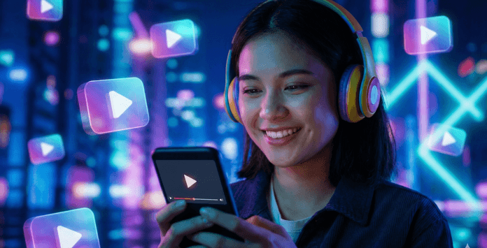 Một cô gái đang vui khi tải được video mình yêu thích xuống để xem khi không cần mạng